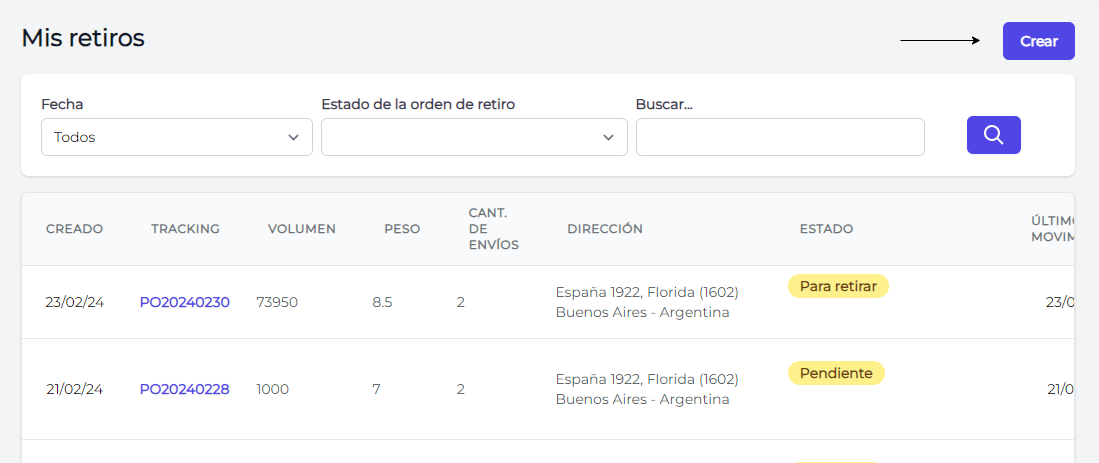 Ir a la sección Mis retiros y hacer clic en Crear Ir a la sección Mis retiros y hacer clic en Crear