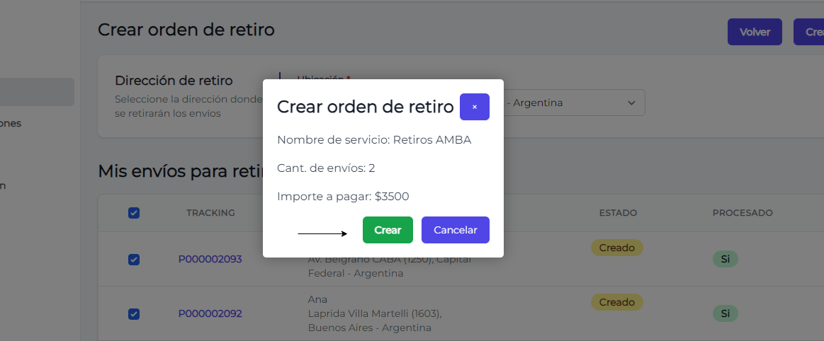 Confirmar creación de orden de retiro Confirmar creación de orden de retiro